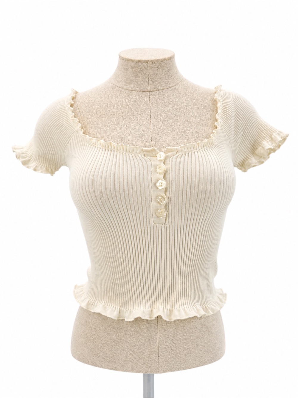 Out From Under Cream Crop Top Ribbed Dainty Coquette Size XS-S Ruffle Trim